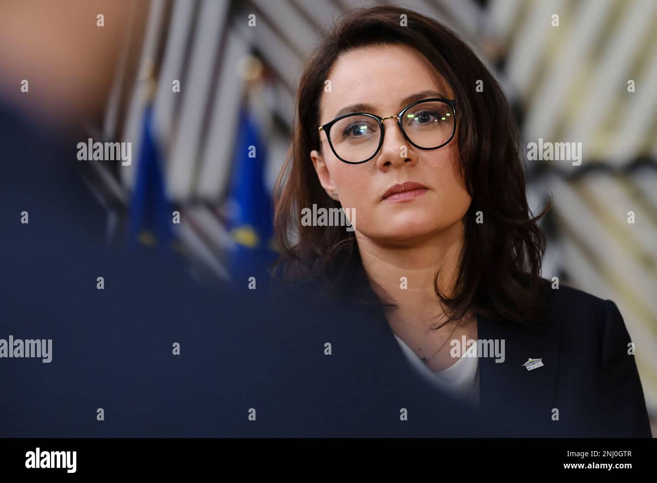 Bruxelles, Belgio. 22nd Feb, 2023. Conferenza stampa di Yulia Svyrydenko, primo vice primo ministro dell'Ucraina e ministro dello sviluppo economico e del commercio dell'Ucraina a Bruxelles, in Belgio, il 22 febbraio 2023. Credit: ALEXANDROS MICHAILIDIS/Alamy Live News Foto Stock