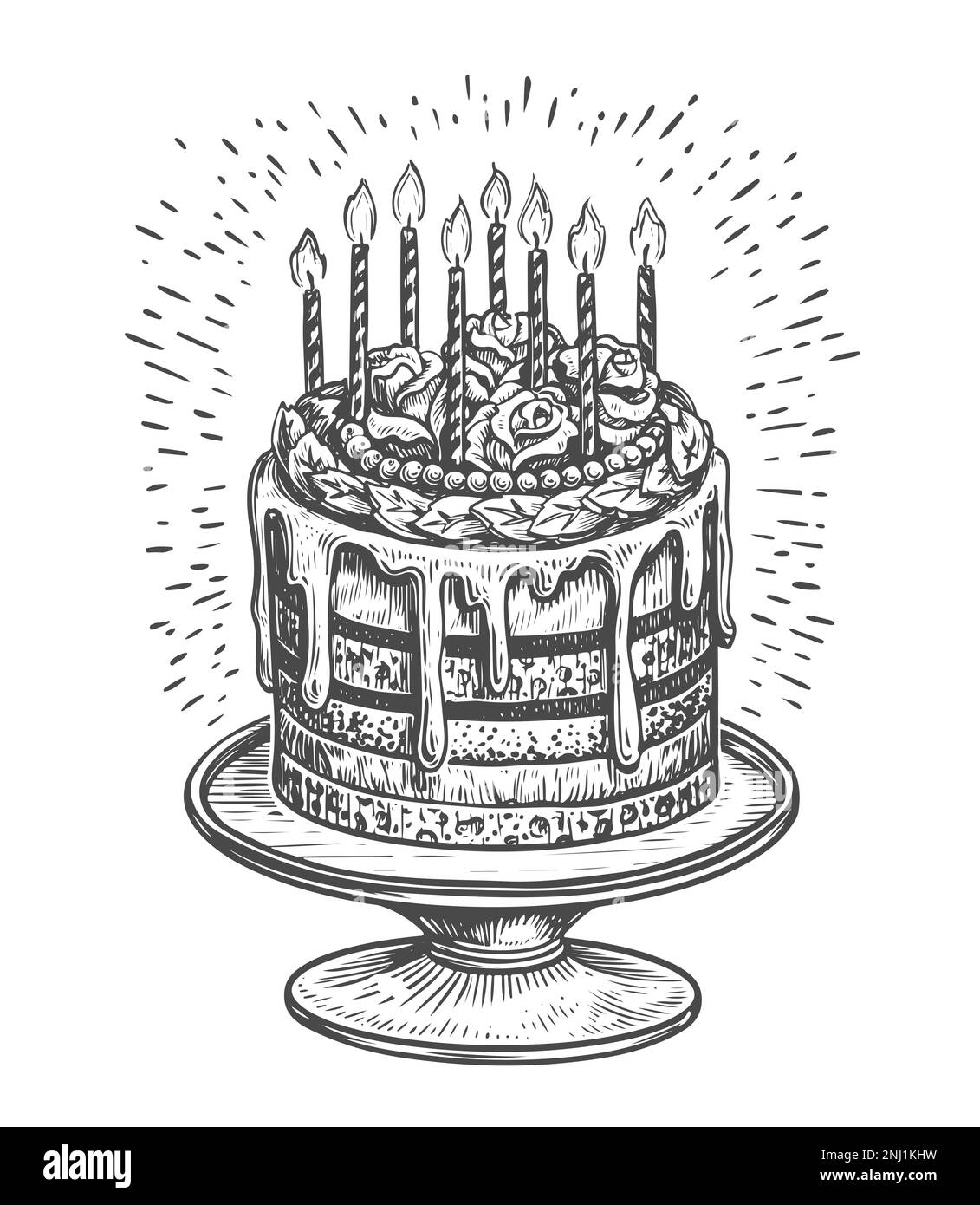 Grande torta dolce con candele bruciate su un piedistallo. Compleanno, concetto di celebrazione. Illustrazione di schizzi vintage Foto Stock