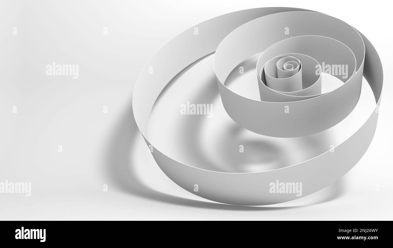 Installazione geometrica astratta di anelli sottili con sequenza di raggio a rapporto d'oro in una camera bianca vuota, rendering 3D Foto Stock