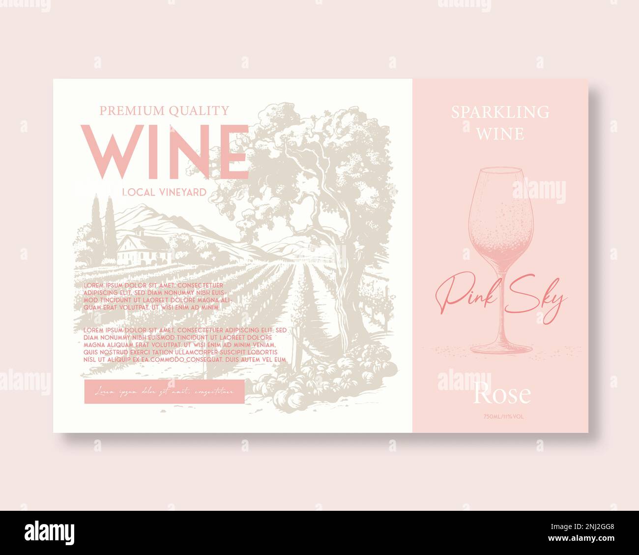 Etichetta del vino rosa di qualità Premium disegno a mano di vigneto rurale schizzi di paesaggio con la tipografia vintage. Illustrazione Vettoriale