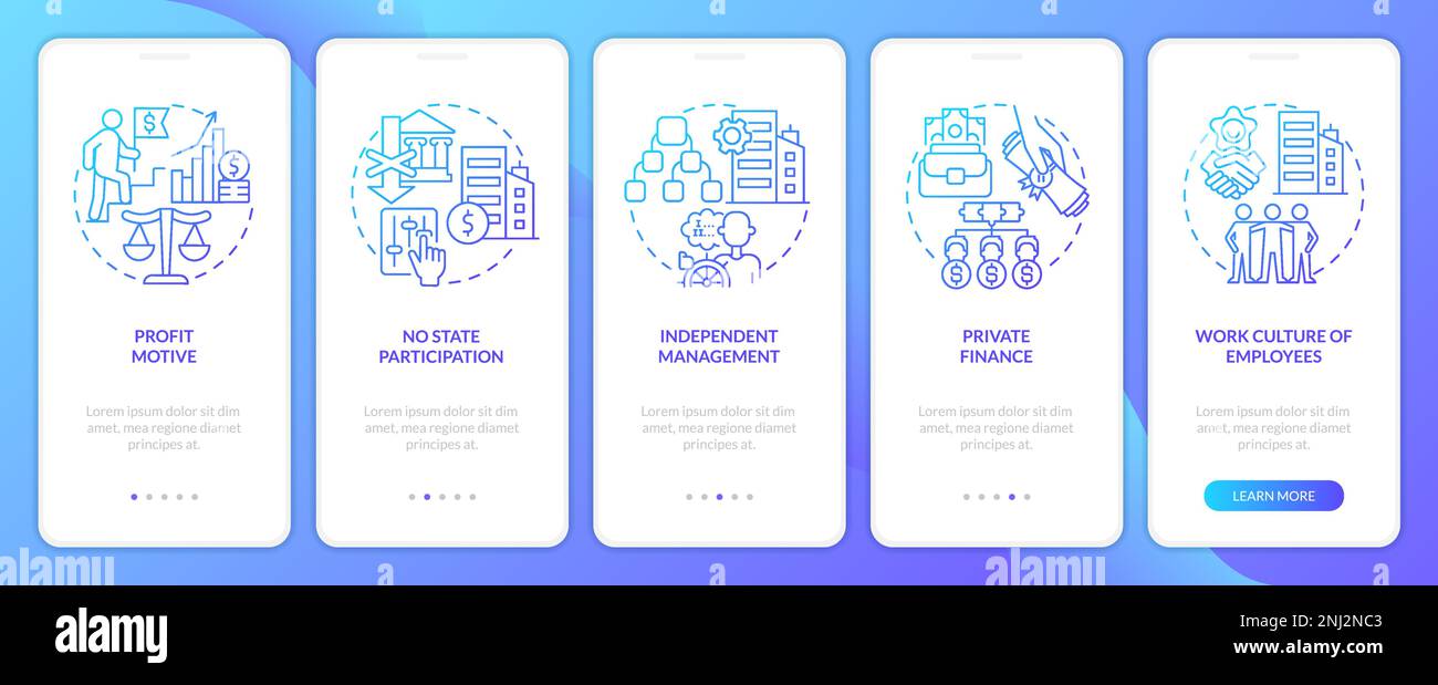 Il settore privato è dotato di una schermata dell'app mobile di onboarding con gradiente blu Illustrazione Vettoriale