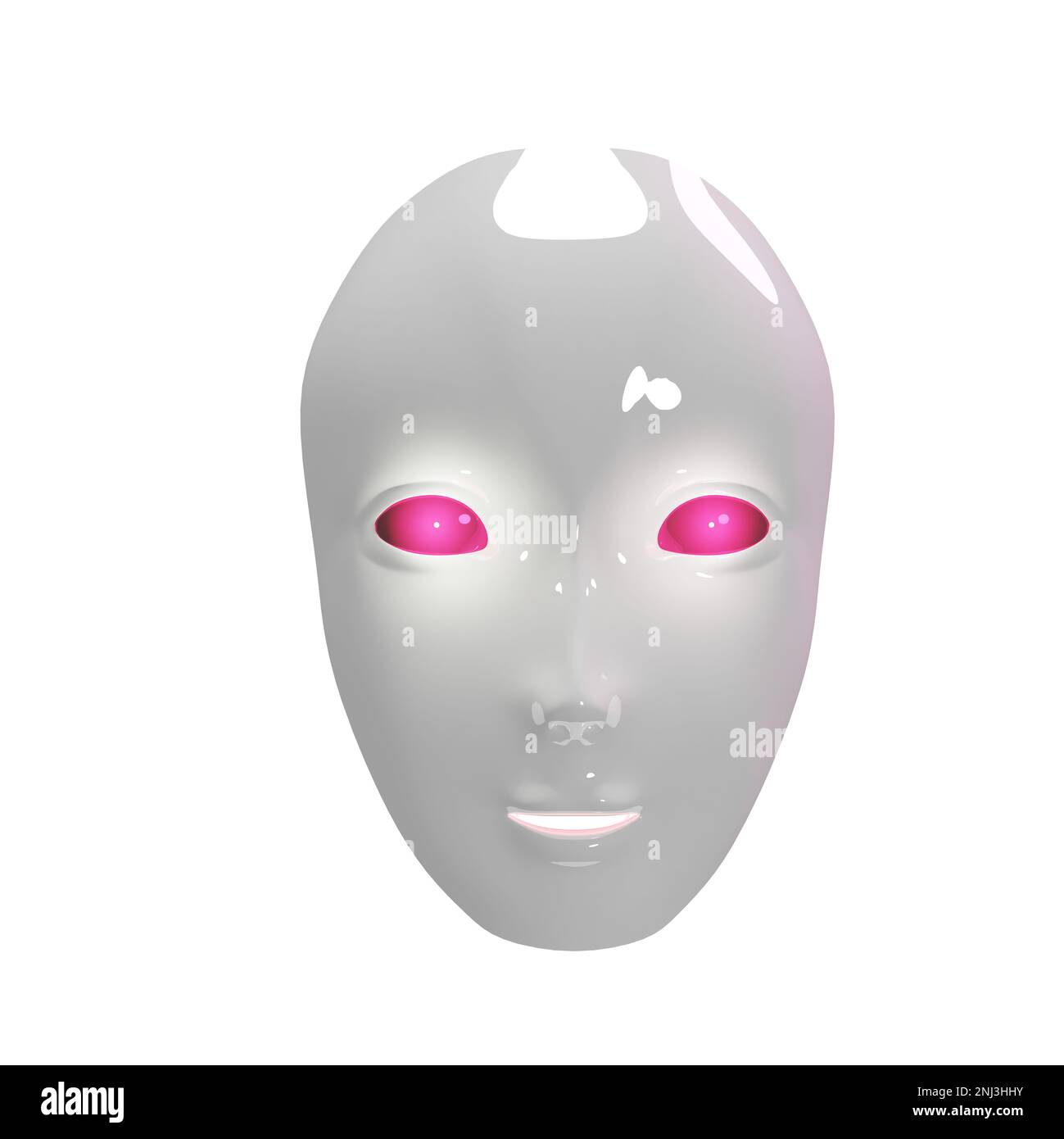 Faccia del robot umanoide con occhi rossi in plastica vista frontale su sfondo bianco Foto Stock