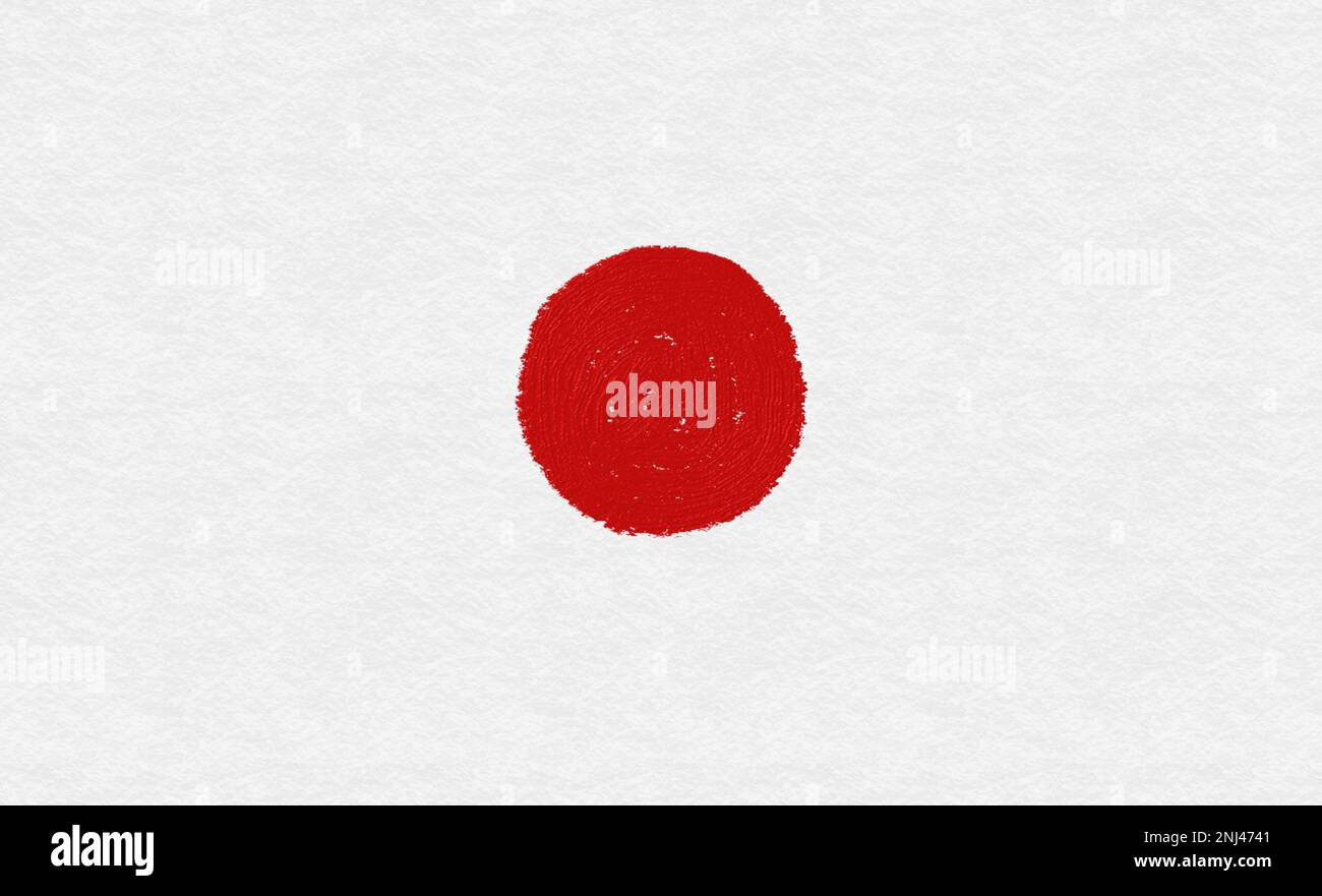 La bandiera del Giappone. Pennellate rosse disegnate a mano su carta bianca. Dipinto dal fotografo. Foto Stock