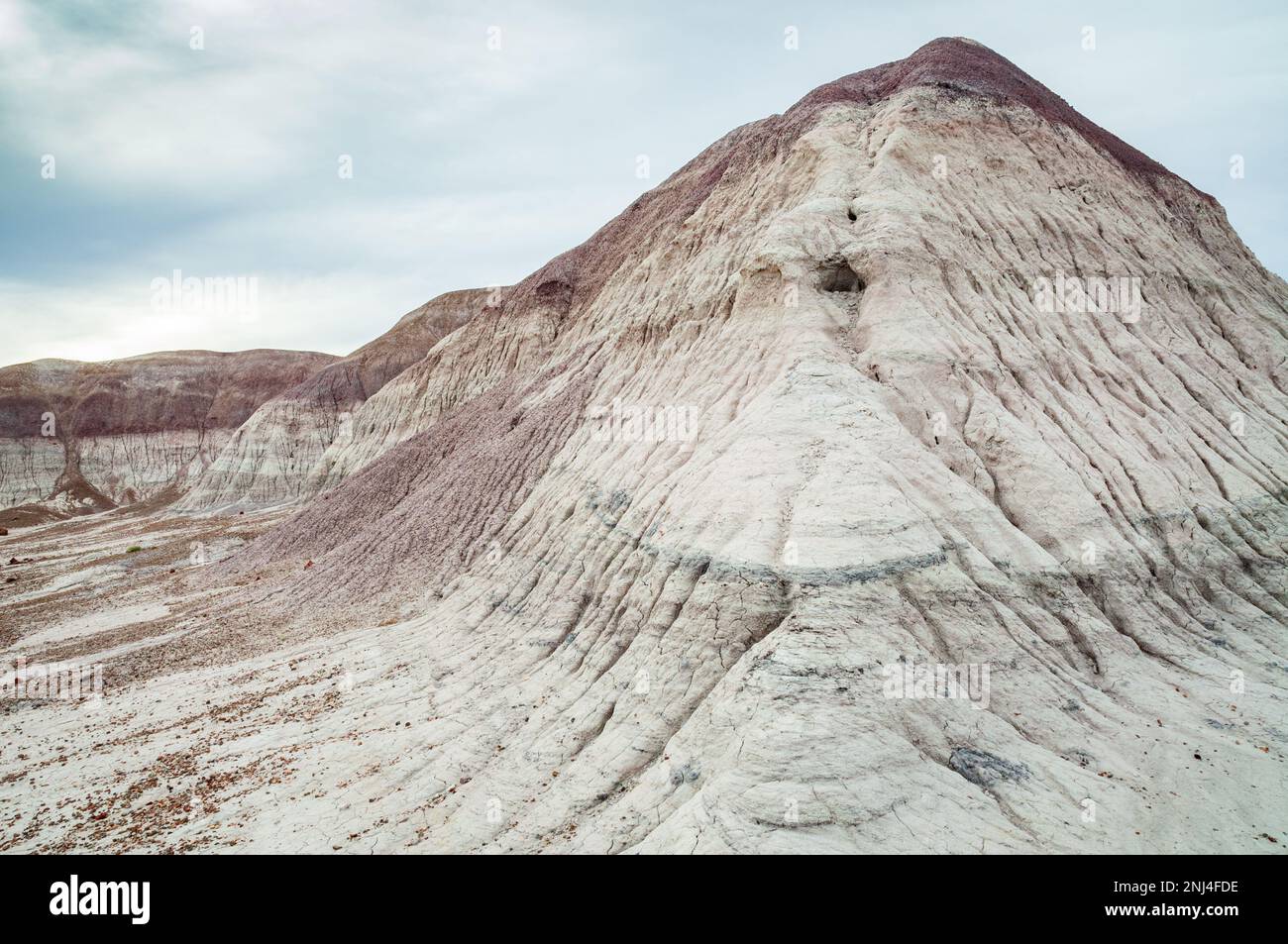 Una collina a forma di cono di argilla grigio chiaro e bianca a strati si innalza fino a un cappuccio marrone viola scuro nel Petrified Forest National Park, Arizona. Foto Stock