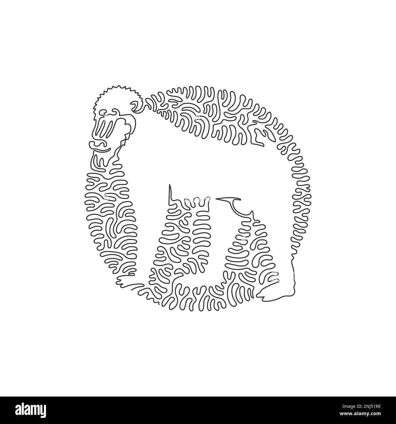Continua una linea curva disegno di divertente mandrill astratto arte in cerchio. Immagine vettoriale del tratto modificabile a linea singola di un volto colorato esotico Illustrazione Vettoriale