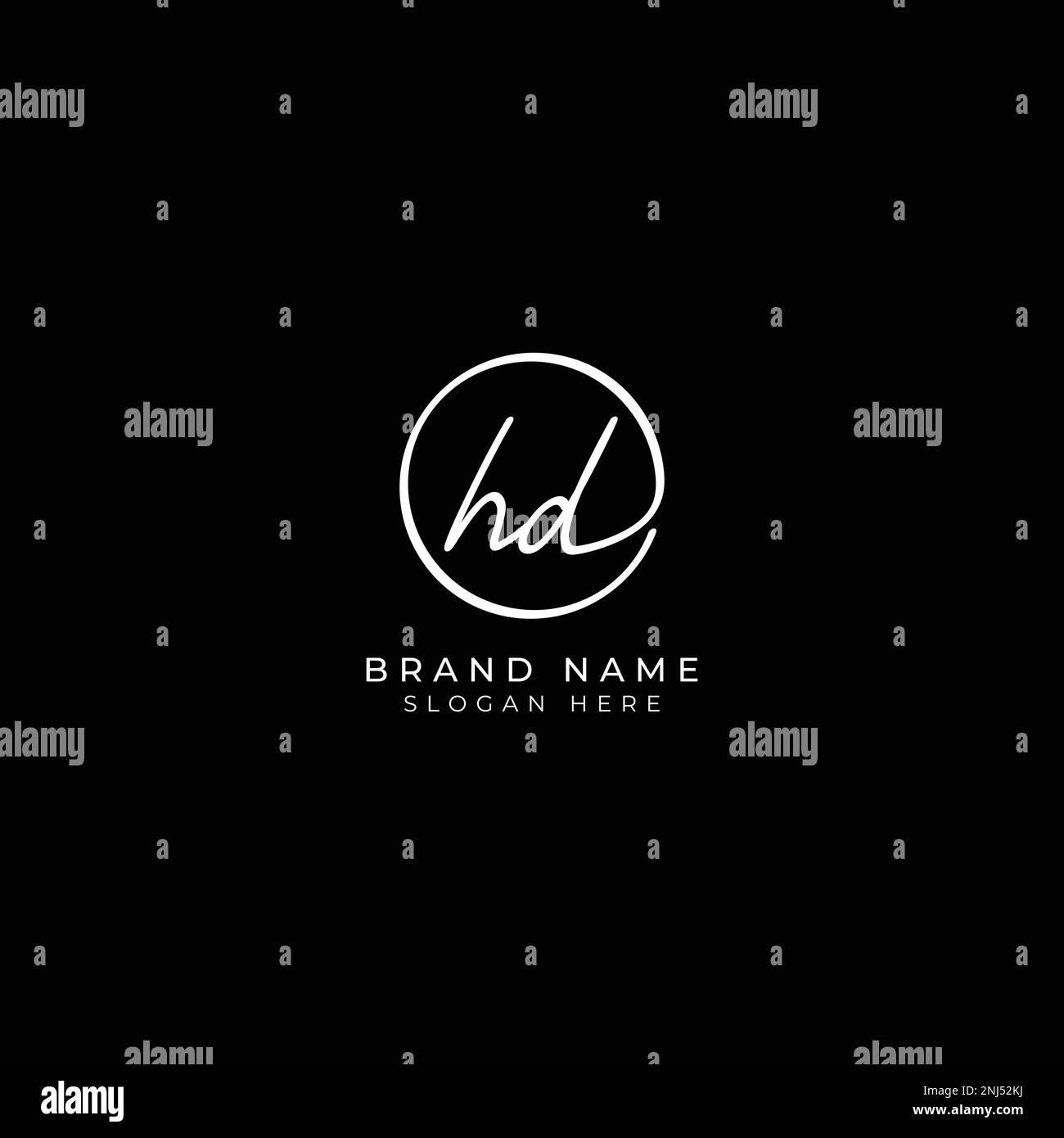 H, D, HD lettera iniziale manoscritta e firma del logo vettoriale. Modello aziendale con disegno a linee di forma rotonda Illustrazione Vettoriale
