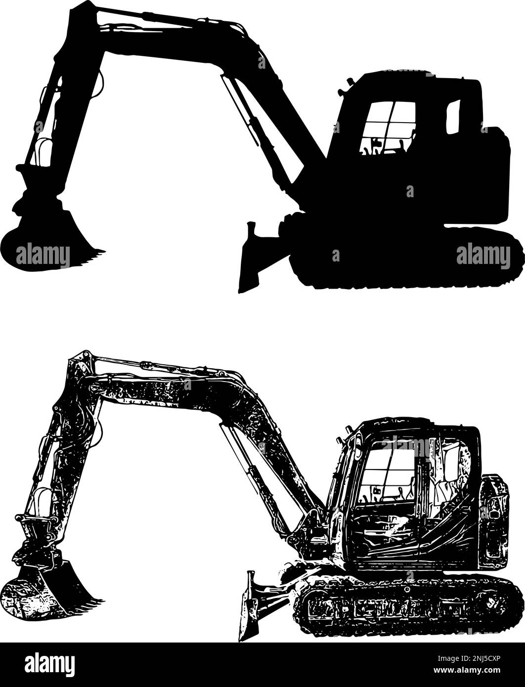 Illustrazione del vettore di schizzo e della silhouette dell'escavatore Illustrazione Vettoriale
