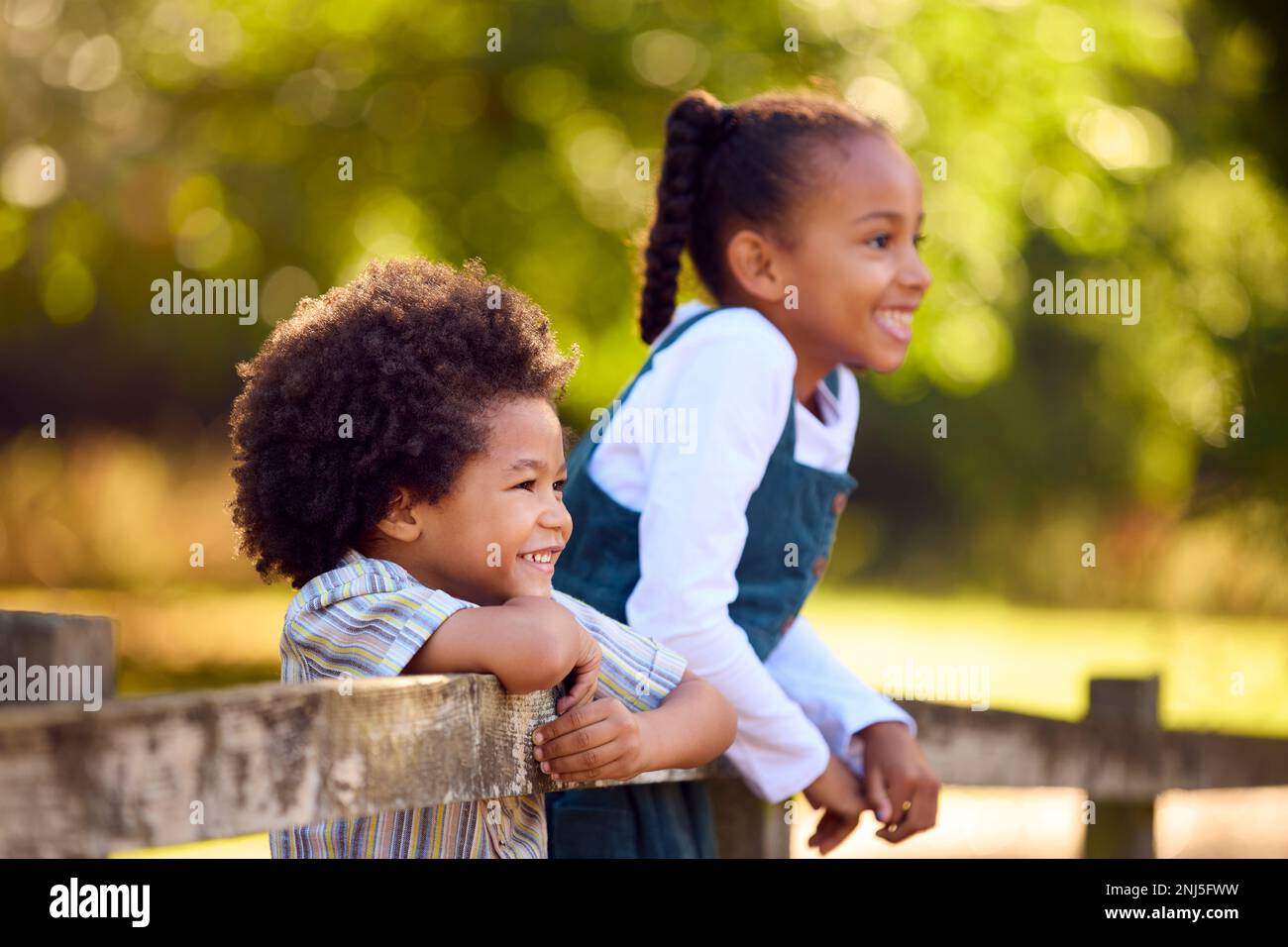 Due bambini sorridenti che si appoggiano a Fence a piedi in campagna Foto Stock