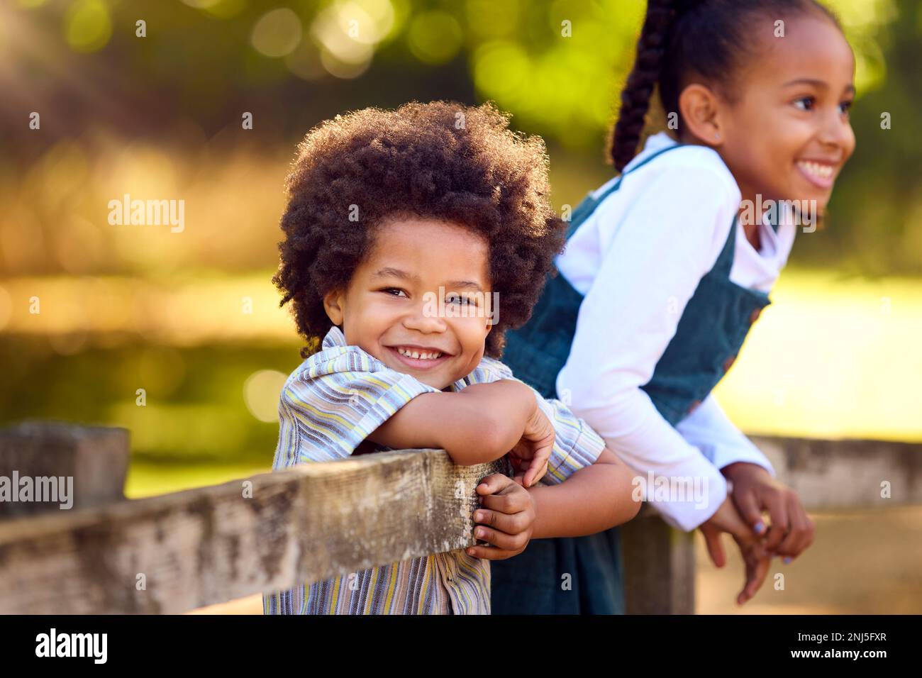 Ritratto di due bambini sorridenti appoggiati su Fence a piedi in campagna Foto Stock