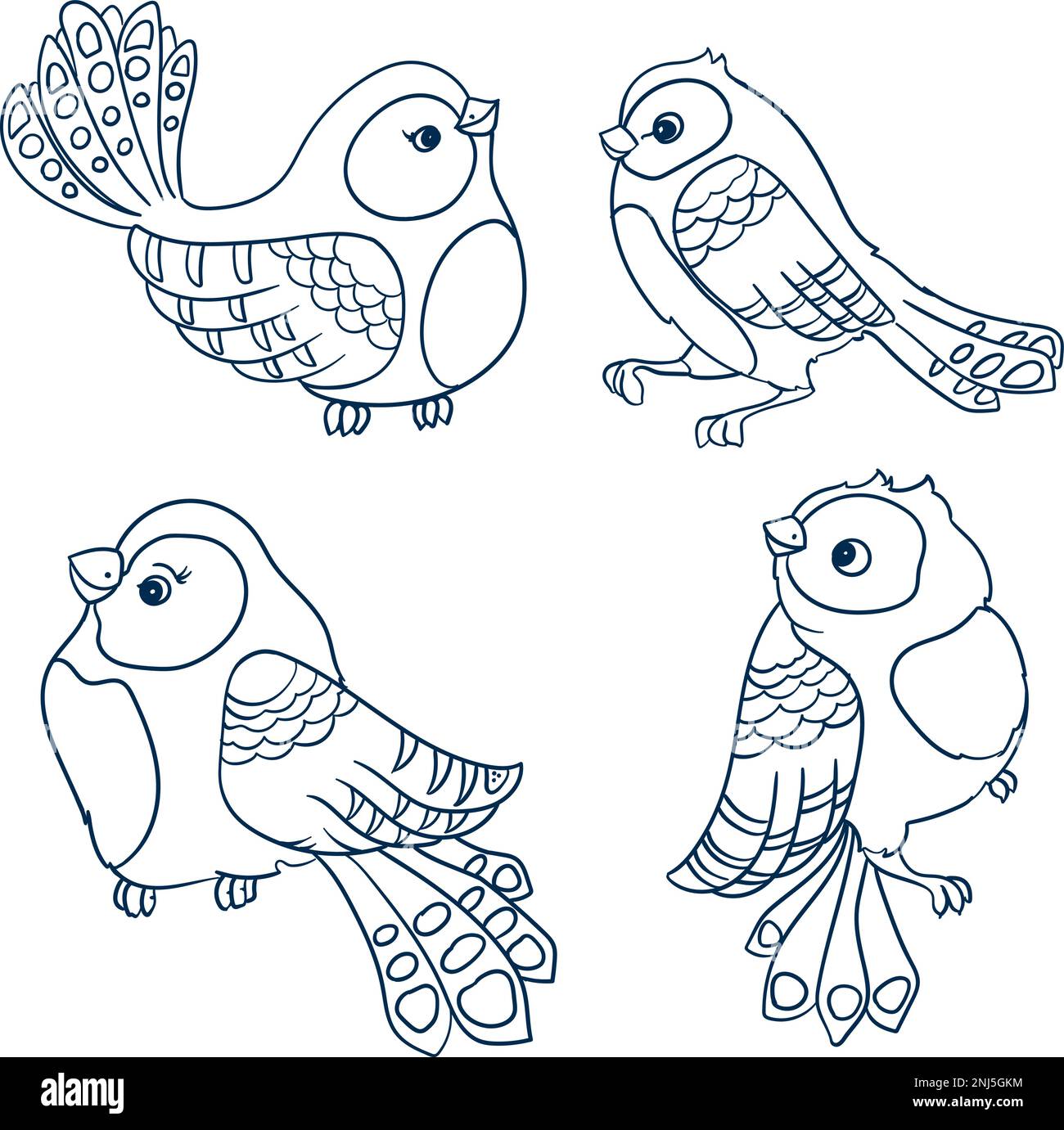 Set di quattro piccoli uccelli in stile cartoon, disegno a mano, disegno di disegno scottante disegno vettoriale monocromatico Illustrazione Vettoriale