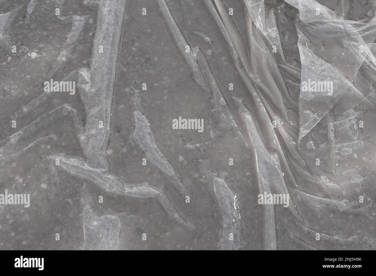Telone in plastica trasparente con pieghe e pieghe in pozza d'acqua ghiacciata. Overlay di sfondo astratto. Foto Stock