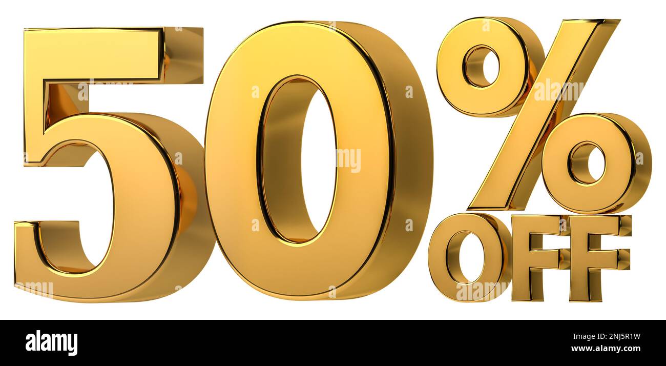 3d golden 50% di sconto isolato su sfondo trasparente per la promozione di vendita. Numero con segno di percentuale. Foto Stock