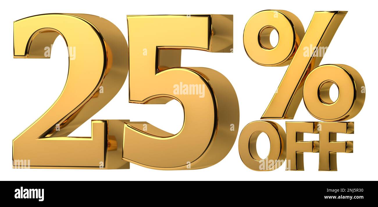 3d golden 25% di sconto isolato su sfondo trasparente per la promozione di vendita. Numero con segno di percentuale. Foto Stock