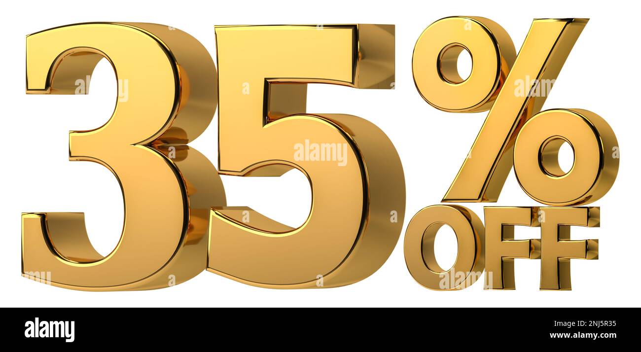 3d golden 35% di sconto isolato su sfondo trasparente per la promozione di vendita. Numero con segno di percentuale. Foto Stock