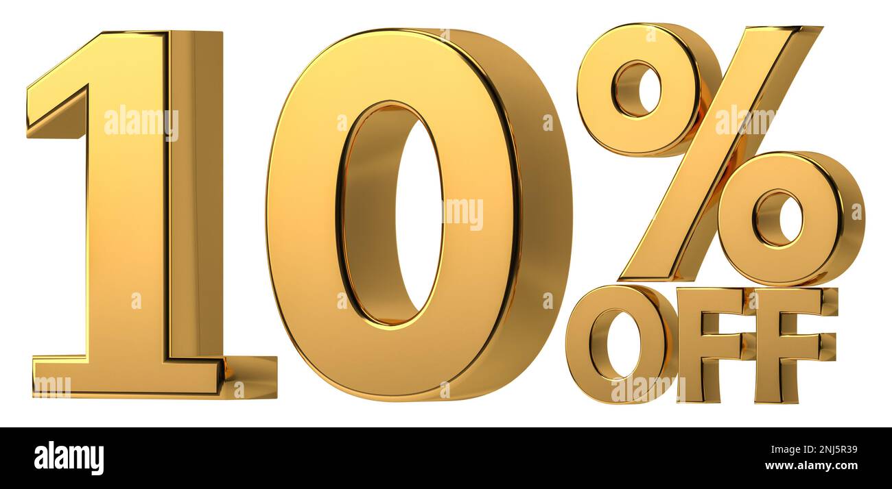 3d golden 10% di sconto isolato su sfondo trasparente per la promozione in vendita. Numero con segno di percentuale. Foto Stock