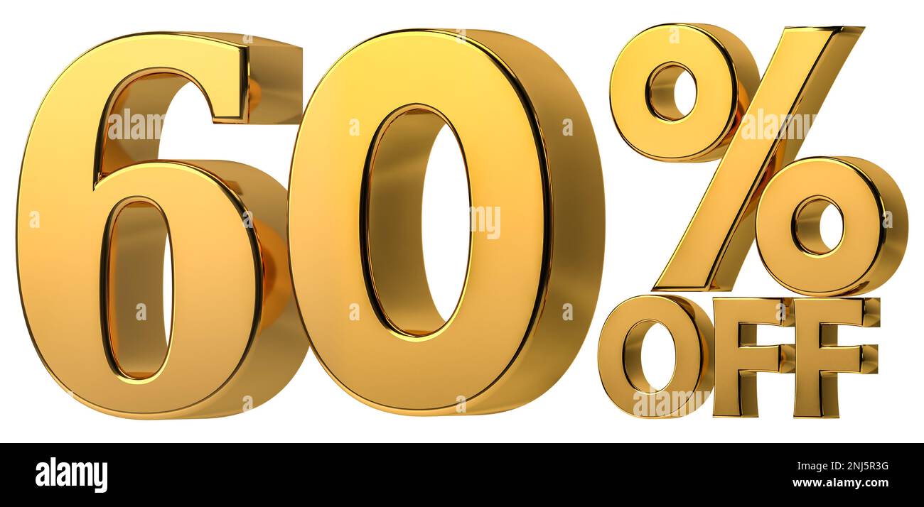 3d golden 60% di sconto isolato su sfondo trasparente per la promozione di vendita. Numero con segno di percentuale. Foto Stock
