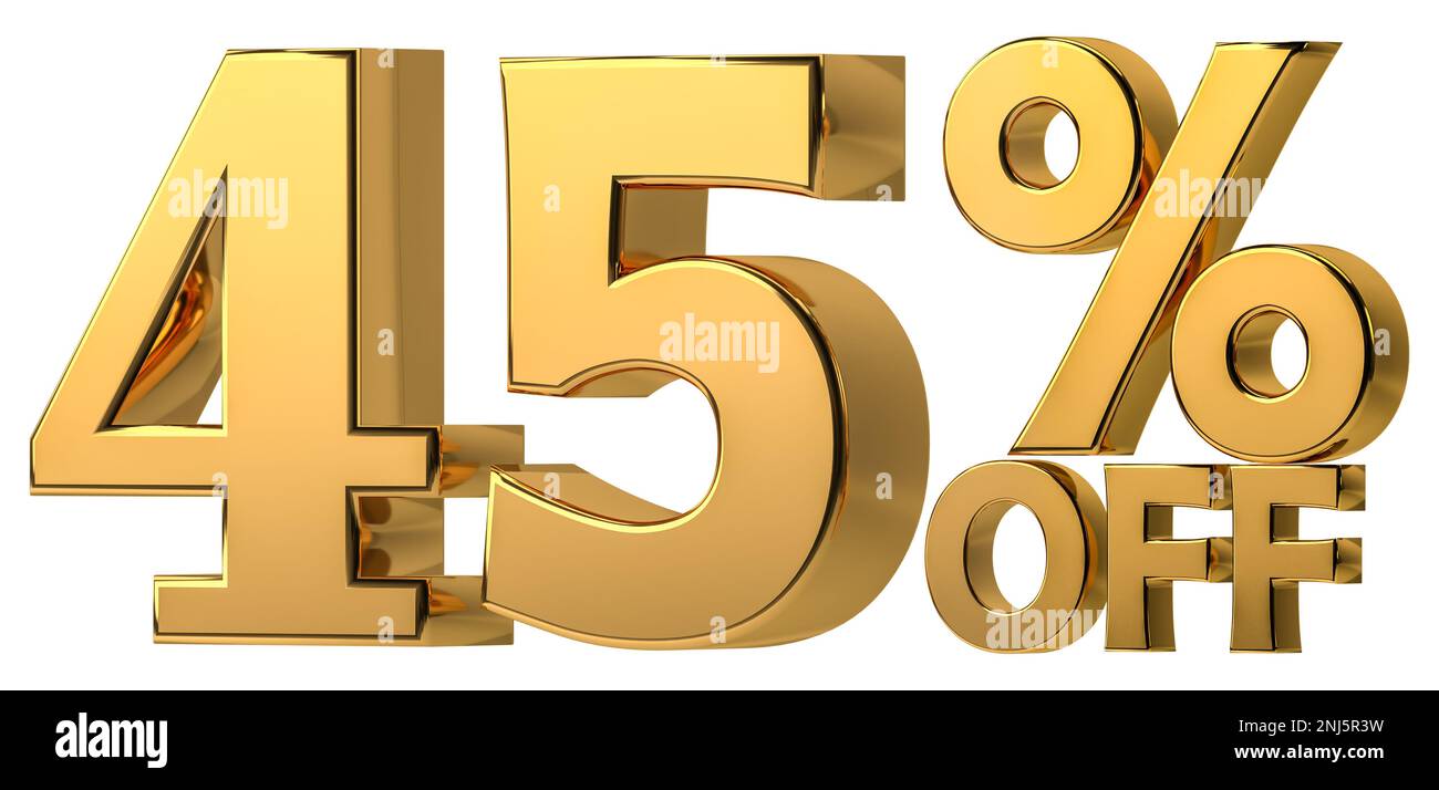 3d golden 45% di sconto isolato su sfondo trasparente per la promozione di vendita. Numero con segno di percentuale. Foto Stock
