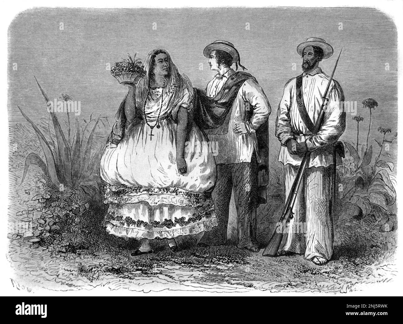 Mestizos o Inhabitanfs messicani bianchi dello Yucatan che indossa abito etnico o abbigliamento tradizionale nello Yucatan Messico. Vintage Engraving o Illustration1862 Foto Stock