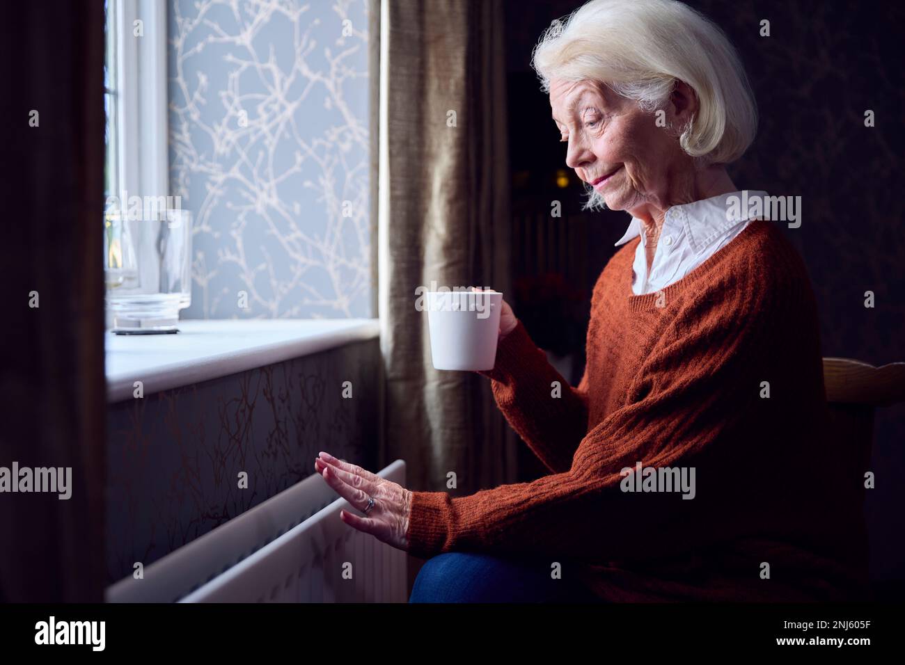 Donna anziana con bevanda calda cercando di mantenere caldo da radiatore a casa in costo di vivere crisi energetica Foto Stock