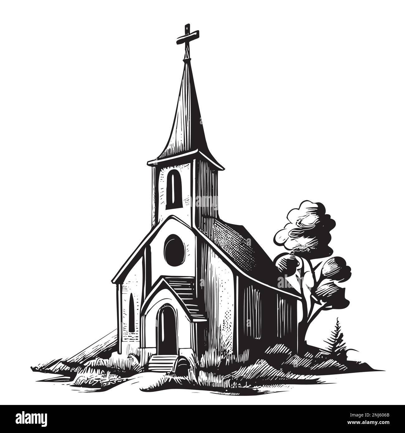 Chiesa retrò disegno a mano schizzo illustrazione Paesaggio Illustrazione Vettoriale