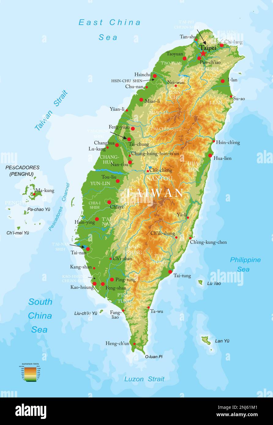 Mappa fisica altamente dettagliata di Taiwan in formato vettoriale, con tutte le forme di rilievo, regioni e grandi città. Illustrazione Vettoriale