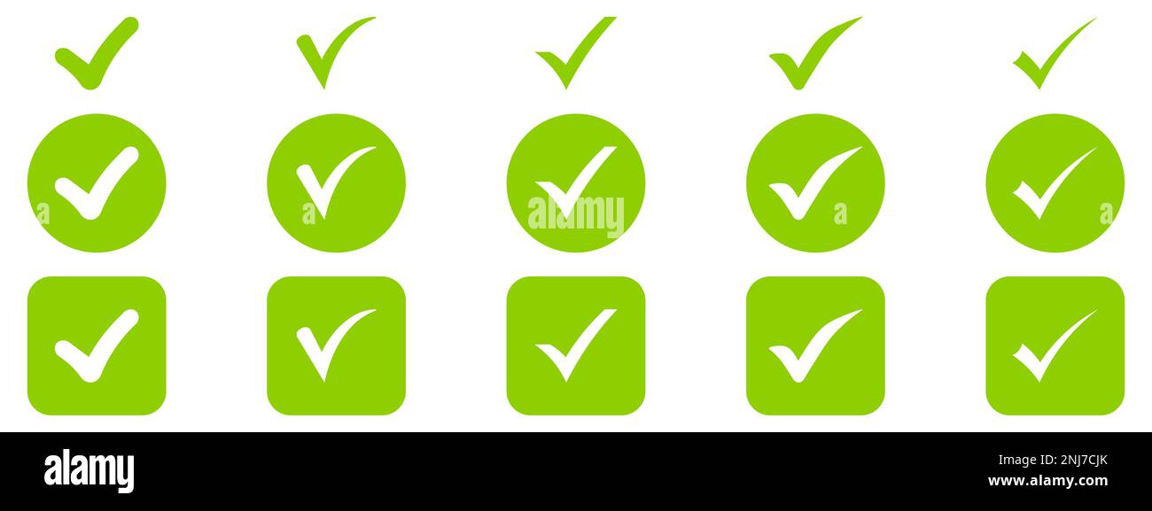 Segno di spunta e icona x set. Pulsanti Web semplici. Segni di spunta e x o confermare. Segno di spunta rotondo. Illustrazione Vettoriale