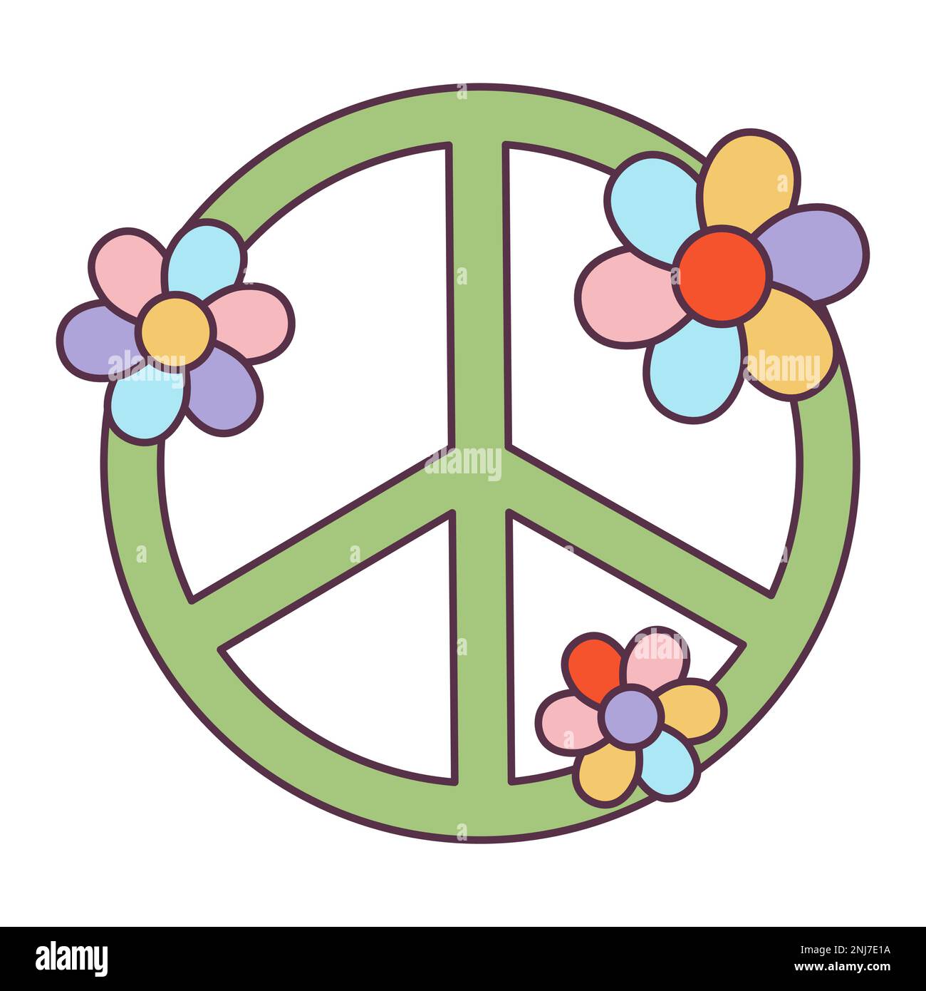 Retro 70s Groovy Hippie adesivo pace simbolo con fiori. Elemento cartoon psichedelico - illustrazione funky in stile hippy vintage. Piatto vettoriale Illustrazione Vettoriale