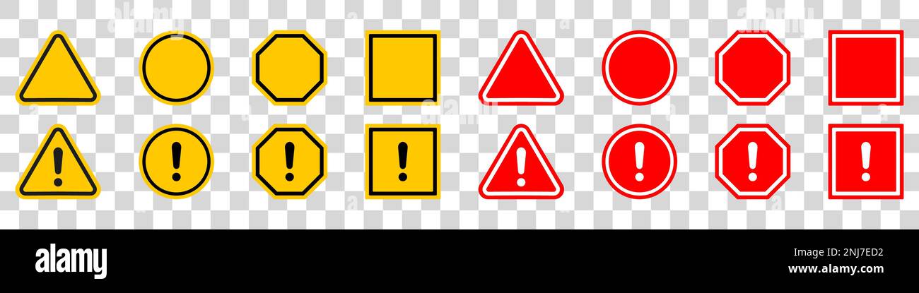 Segnali di avvertenza di attenzione impostati. Punti esclamativi. Illustrazione Vettoriale