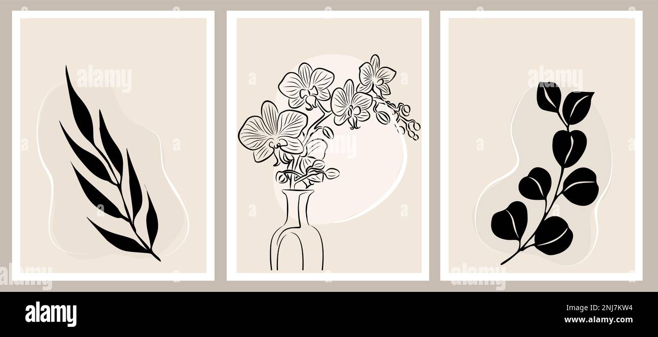 Set di illustrazioni vettoriali lineari per pareti botaniche Illustrazione Vettoriale