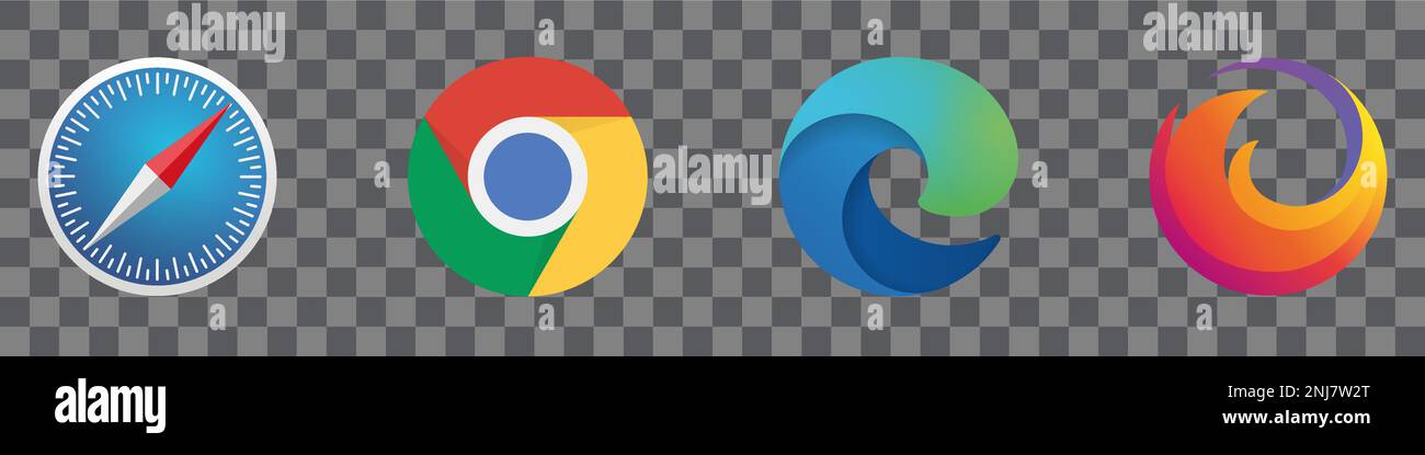 Set vettoriale logo browser : Chrome, Firefox, Safari, Edge.Vector Illustration. Illustrazione Vettoriale