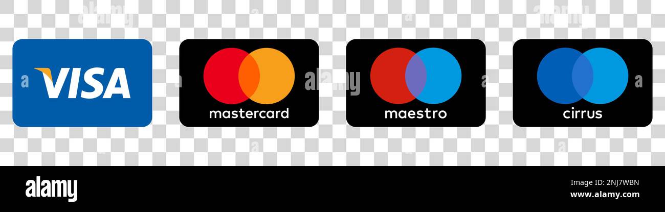 Metodi di pagamento online Button Set, brand logo :Visa, Mastercard. Illustrazione Vettoriale
