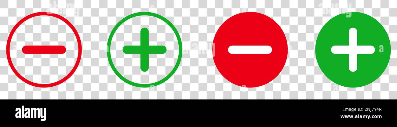 Set di pulsanti forma icona più e meno. Aggiungi, zoom, croce, simbolo del logo positivo. Annulla, elimina, esci dal segno di linea negativo. Illustrazione Vettoriale