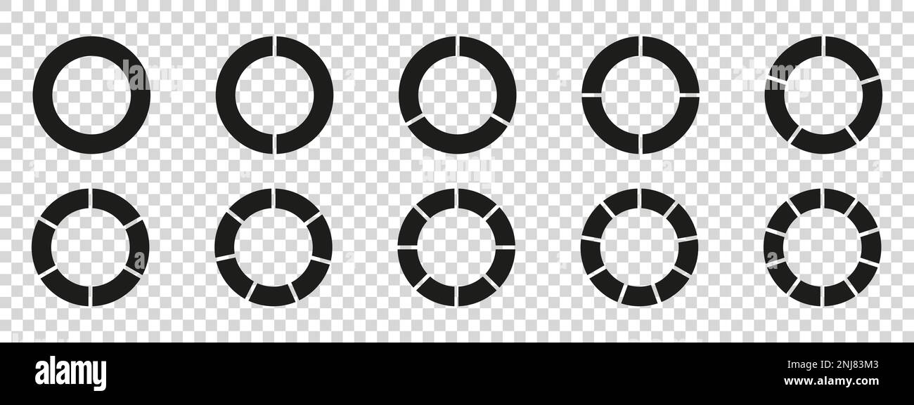 Cerchi diagramma diviso 3, 10, 7, icona grafico forma a torta grafico sezione. Infografica del vettore circolare a segmenti 6, 9 deviare. Illustrazione Vettoriale