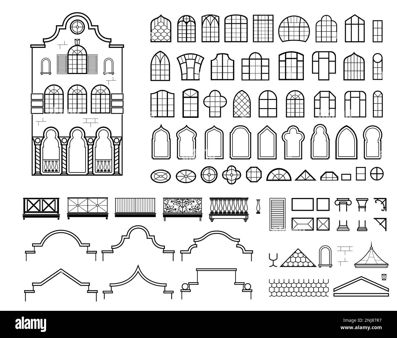 Insieme con un insieme di elementi di facciata di un edificio classico Illustrazione Vettoriale