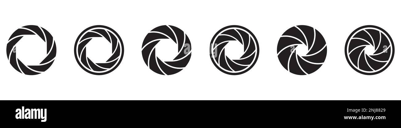 Icona di apertura impostata. Diaframma dell'obiettivo della fotocamera. Icone dell'otturatore della fotocamera. Illustrazione Vettoriale