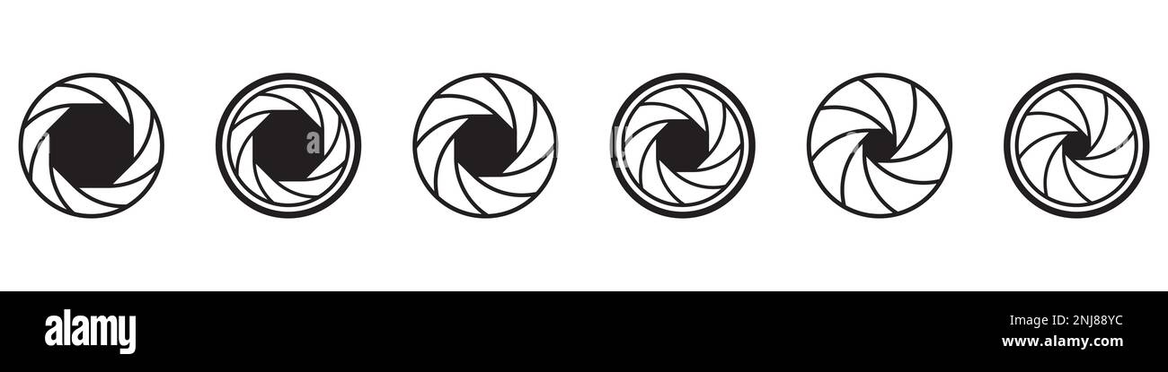 Icona di apertura impostata. Diaframma dell'obiettivo della fotocamera. Icone dell'otturatore della fotocamera. Illustrazione Vettoriale