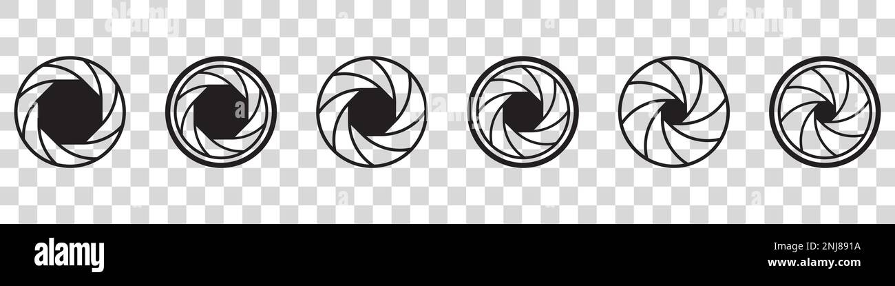 Icona di apertura impostata. Diaframma dell'obiettivo della fotocamera. Icone dell'otturatore della fotocamera. Illustrazione Vettoriale