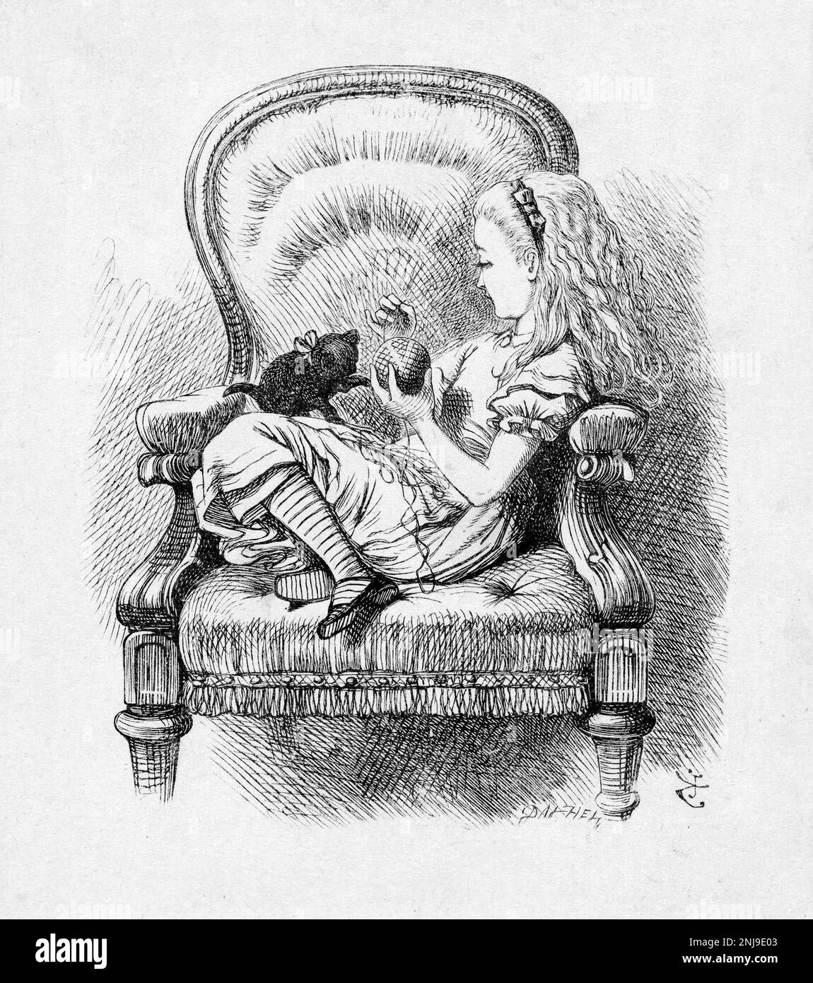 Alice e il gattino nero, un'illustrazione di Sir John Tenniel per "Through the Looking-Glass, and What Alice Found There" di Lewis Carroll, incisione del legno, 1872 Foto Stock