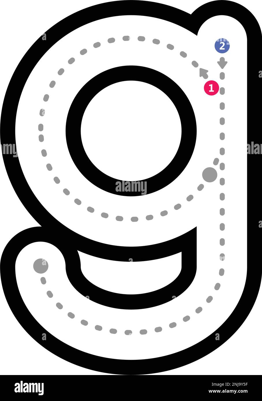 Tracciare la lettera dell'alfabeto g minuscola pre-scrittura elemento linea punteggiata per l'asilo e il foglio di lavoro bambini prescolare per l'attività di pratica di scrittura a mano Illustrazione Vettoriale