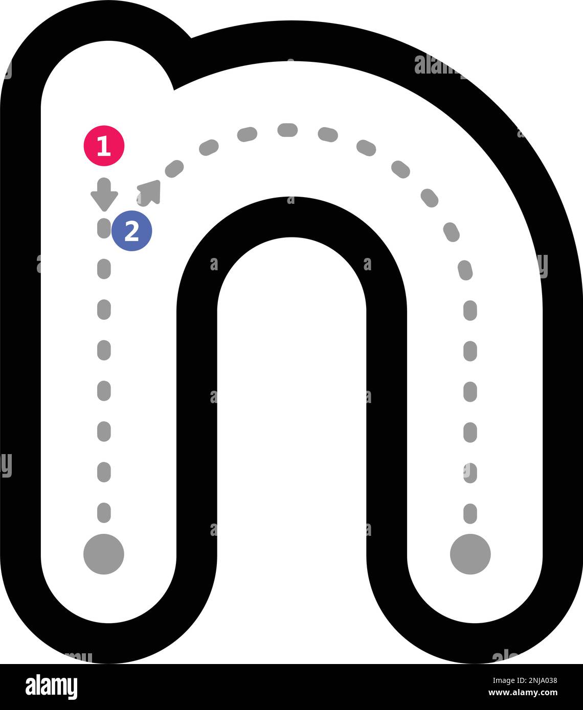 Traccia lettera dell'alfabeto n minuscolo pre-scrittura elemento linea punteggiata per bambini asilo e prescolare foglio di lavoro per l'attività di pratica di scrittura a mano Illustrazione Vettoriale