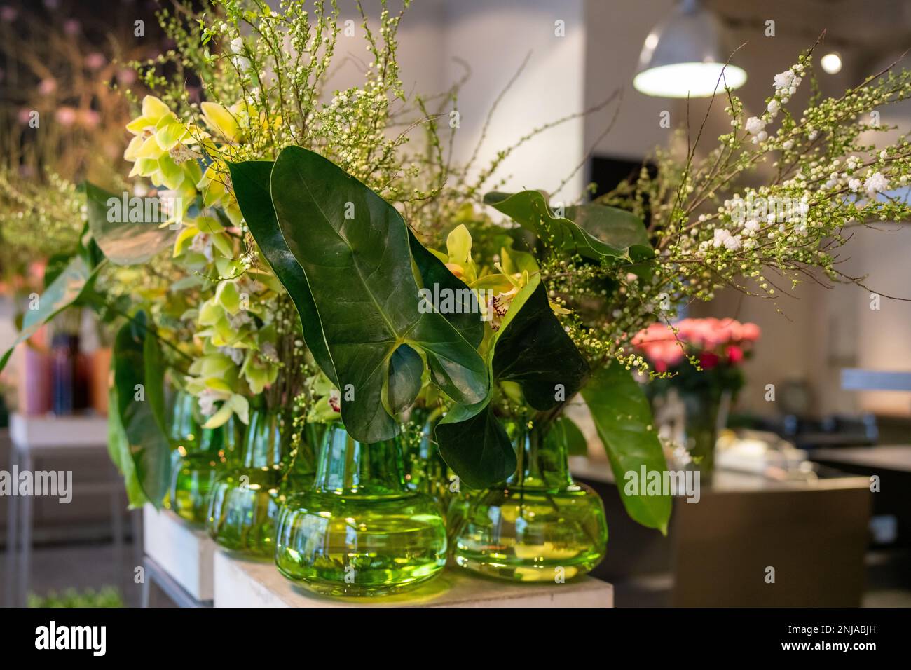 Vasi decorativi in vetro con fiori. Green Philodendron Burle-marxii e Gloriosa superba in primo piano. Foto Stock