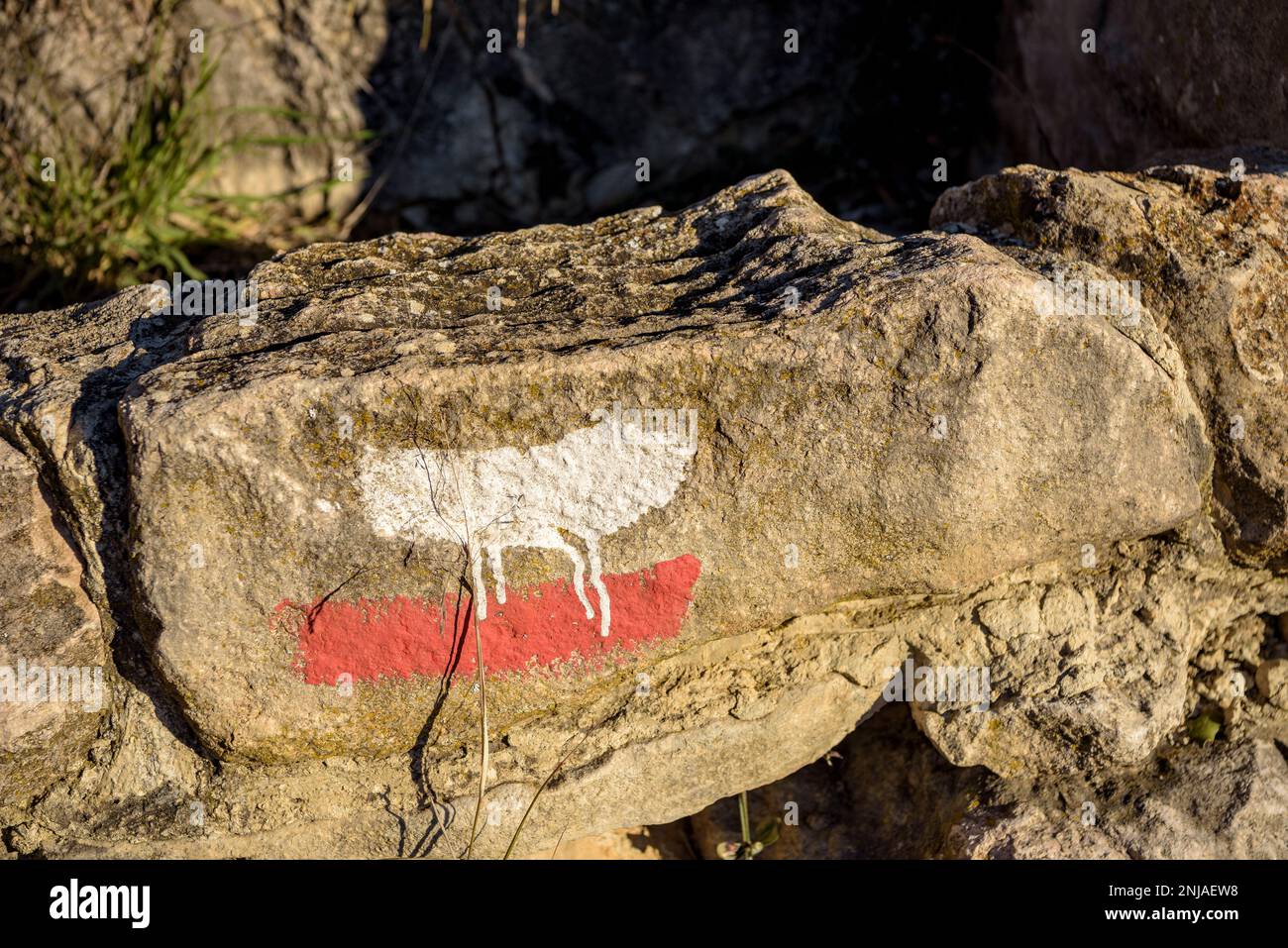 GR-1 segno su una roccia sul sentiero per la gola del Mont-rebei (Montsec, Lleida, Catalogna, Spagna) ESP: Señal del GR-1 en una roca en la senda (Cataluña) Foto Stock