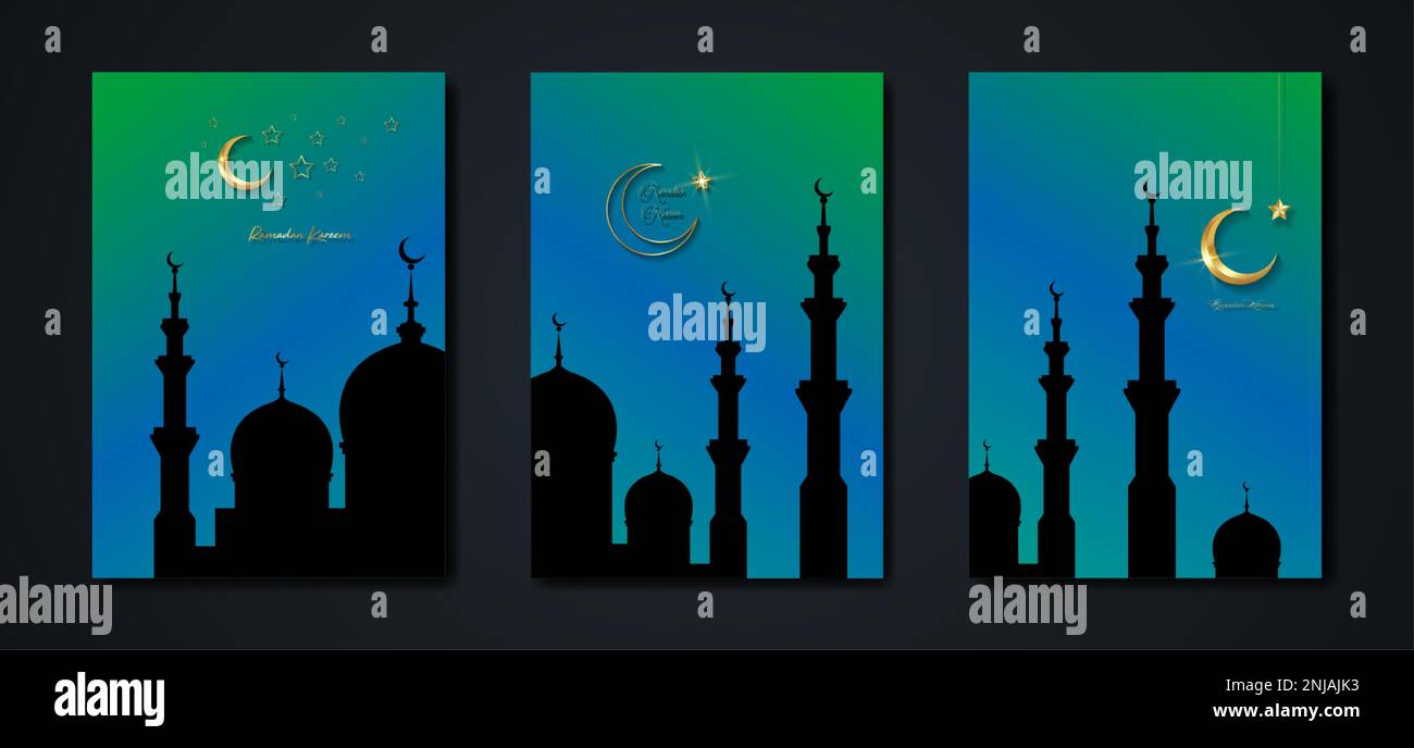 Ramadan Kareem 2023 Vector Set biglietto d'auguri. Mezzaluna dorata su sfondo blu. Poster delle feste d'oro con testo, simbolo islamico. Concetto musulmano Illustrazione Vettoriale