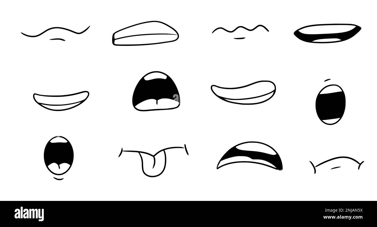 Cartone animato bocca sorriso, felice, triste espressione set. Bocca di doodle disegnata a mano, lingua caricatura emoji icona. Divertente stile comico doodle. Illustrazione vettoriale. Illustrazione Vettoriale