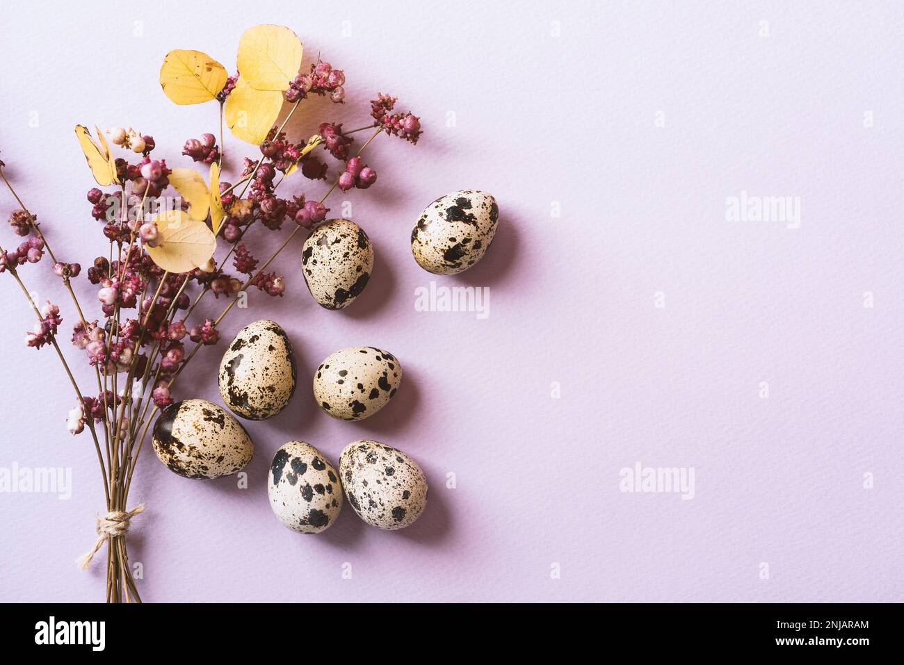 Uova e un bouquet di fiori primaverili su sfondo viola Foto Stock