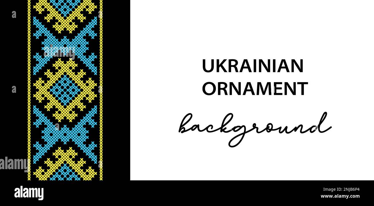 Sfondo vettoriale ucraino, banner, poster.folk tradizionale, ornamento etnico. Bordo nei colori giallo e blu bandiera Ucraina. Pixel art, vyshyvanka Illustrazione Vettoriale