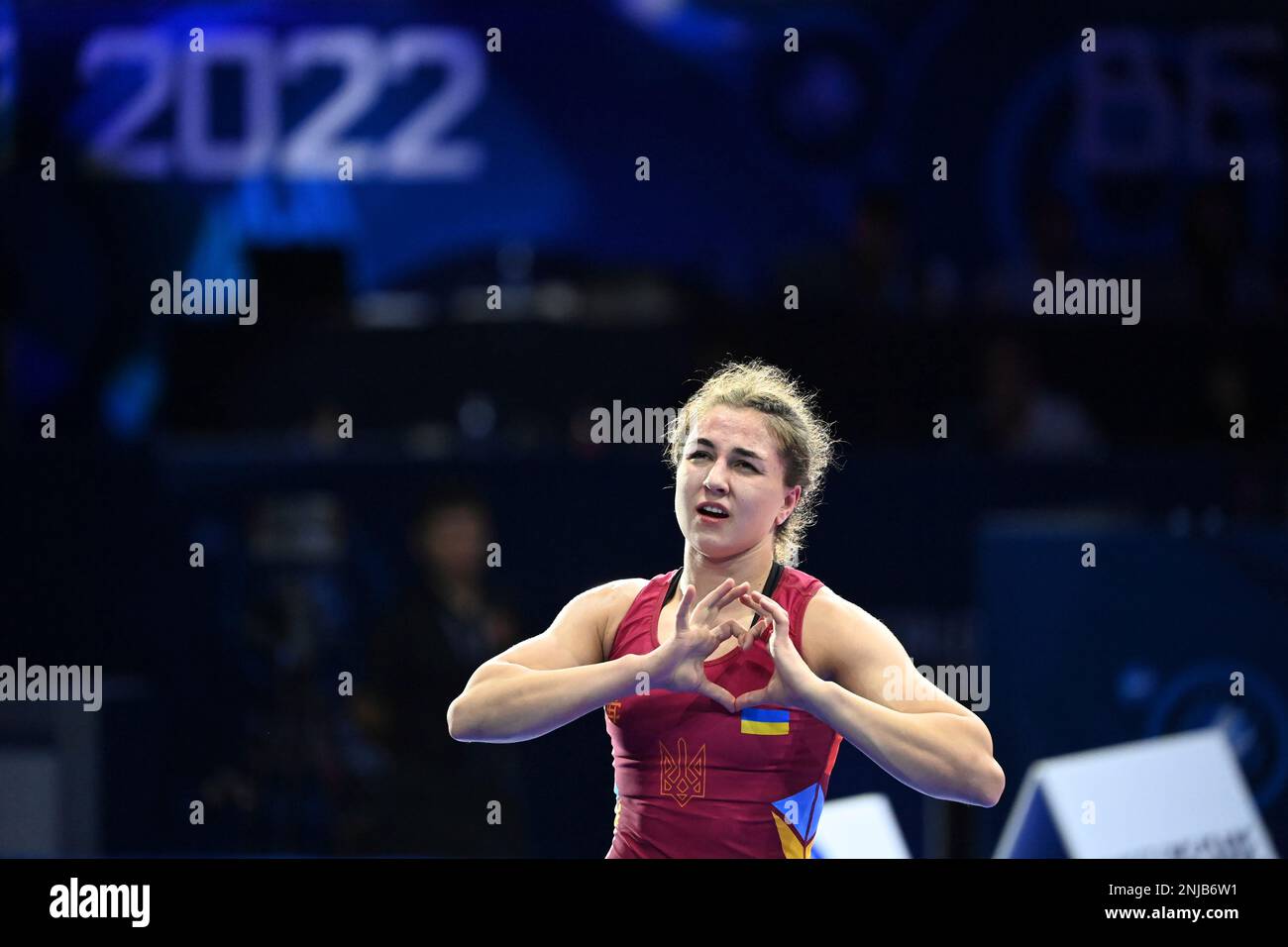 Ilona PROKOPEVNIUK of Ukraine reacts after the bronze match of the Women's wrestling 62 kg against Aisuluu TYNYBEKOVA of Kazakhstan at Wrestling World Championships in Belgrade, Serbia on September 13, 2022. PROKOPEVNIUK won the match.( The Yomiuri Shimbun via AP Images ) Foto Stock