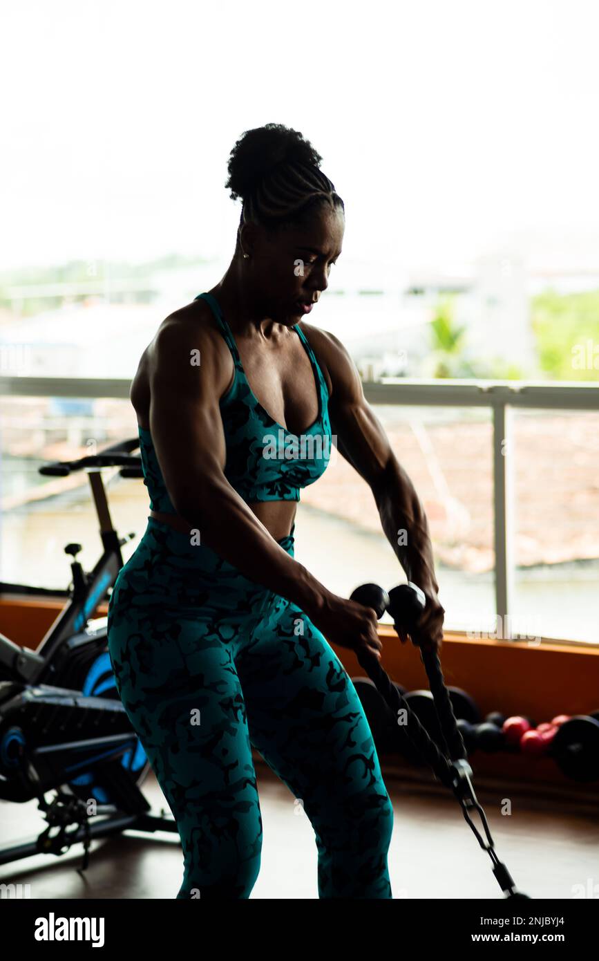 Donna muscolare che fa esercizi per i muscoli delle braccia e delle spalle. Esercizio di fitness in studio. Foto Stock Donna muscolare che fa esercizi per i muscoli delle braccia e delle spalle. Esercizio di fitness in studio. Foto Stock