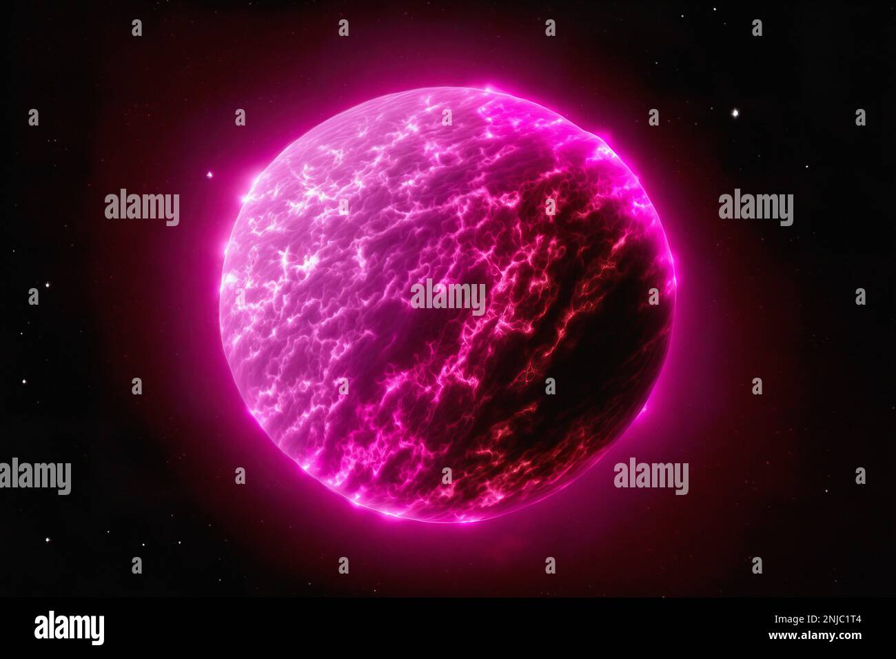 Bellissimo pianeta magenta, esoplanet colorato è il residente della costellazione della Vergine, che risplende di calore. Incredibile pianeta rosa nello spazio con stelle Foto Stock