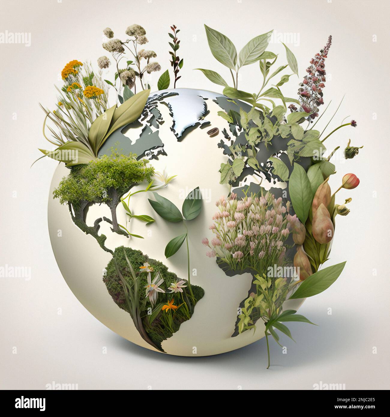 Il mondo circondato da piante medicinali. Giornata mondiale dell'ambiente e sfondo della giornata di conservazione della natura. Concetto di salute mentale verde 3D sfondo Foto Stock